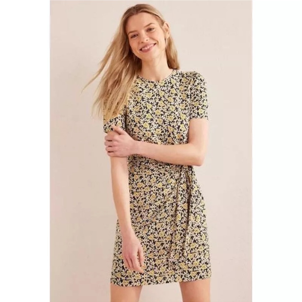Boden | Knot Front Jersey Dress Black Clover Swirl Short Sleeve | 8 Tall